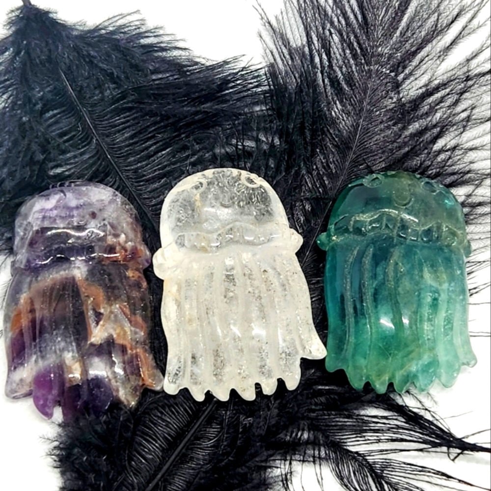 Genuine Crystal Jellyfish Carvings. Amethyst, Quartz, Fluorite
